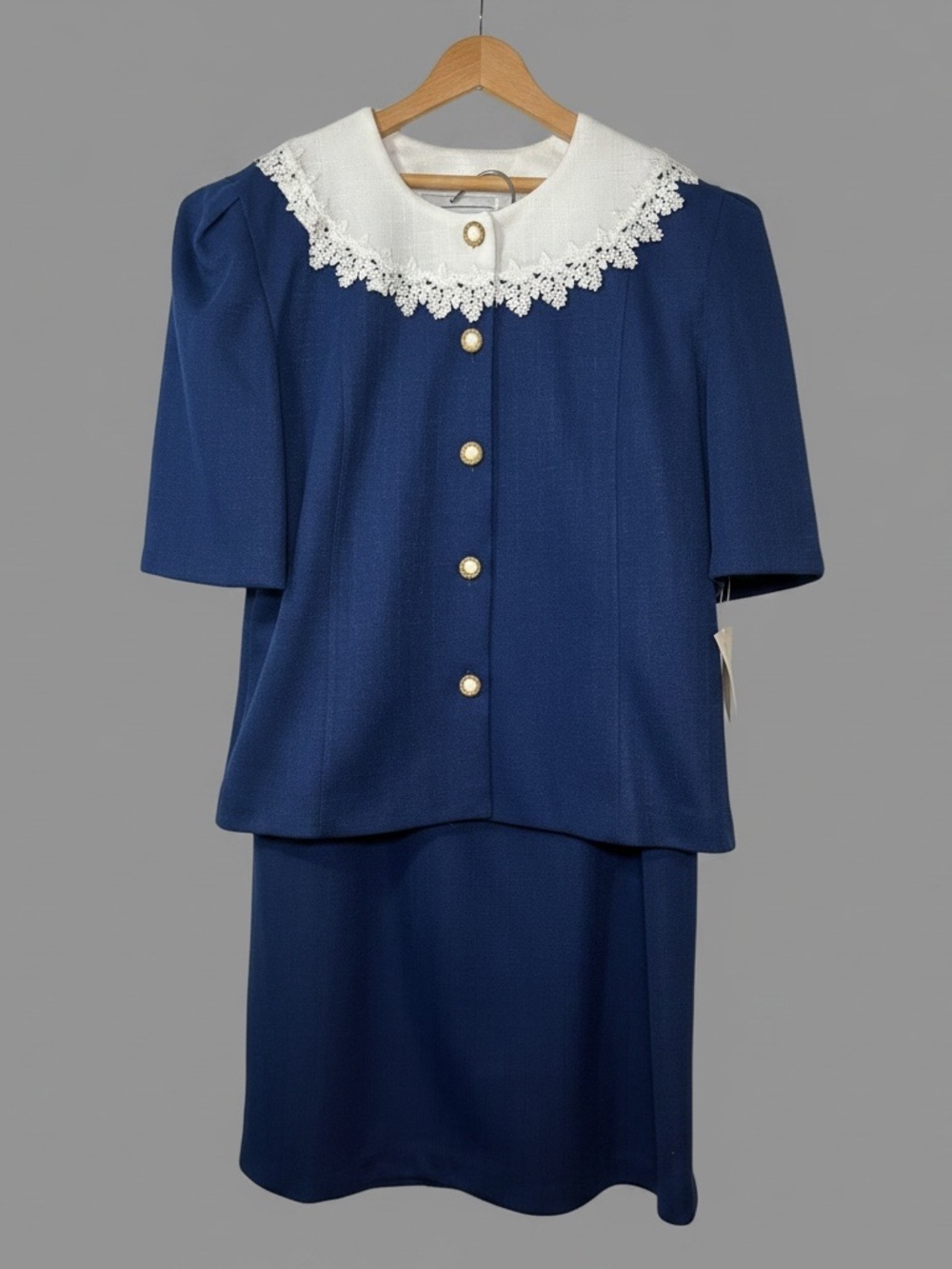 Vintage 80s 2 Piece Skirt Suit Set Navy Blue White Lace Collar Gold Button Midi